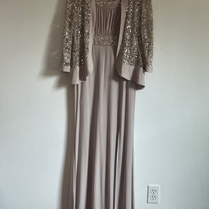 R&M Richards Tan Long Sleeve Gown for Wedding Guest